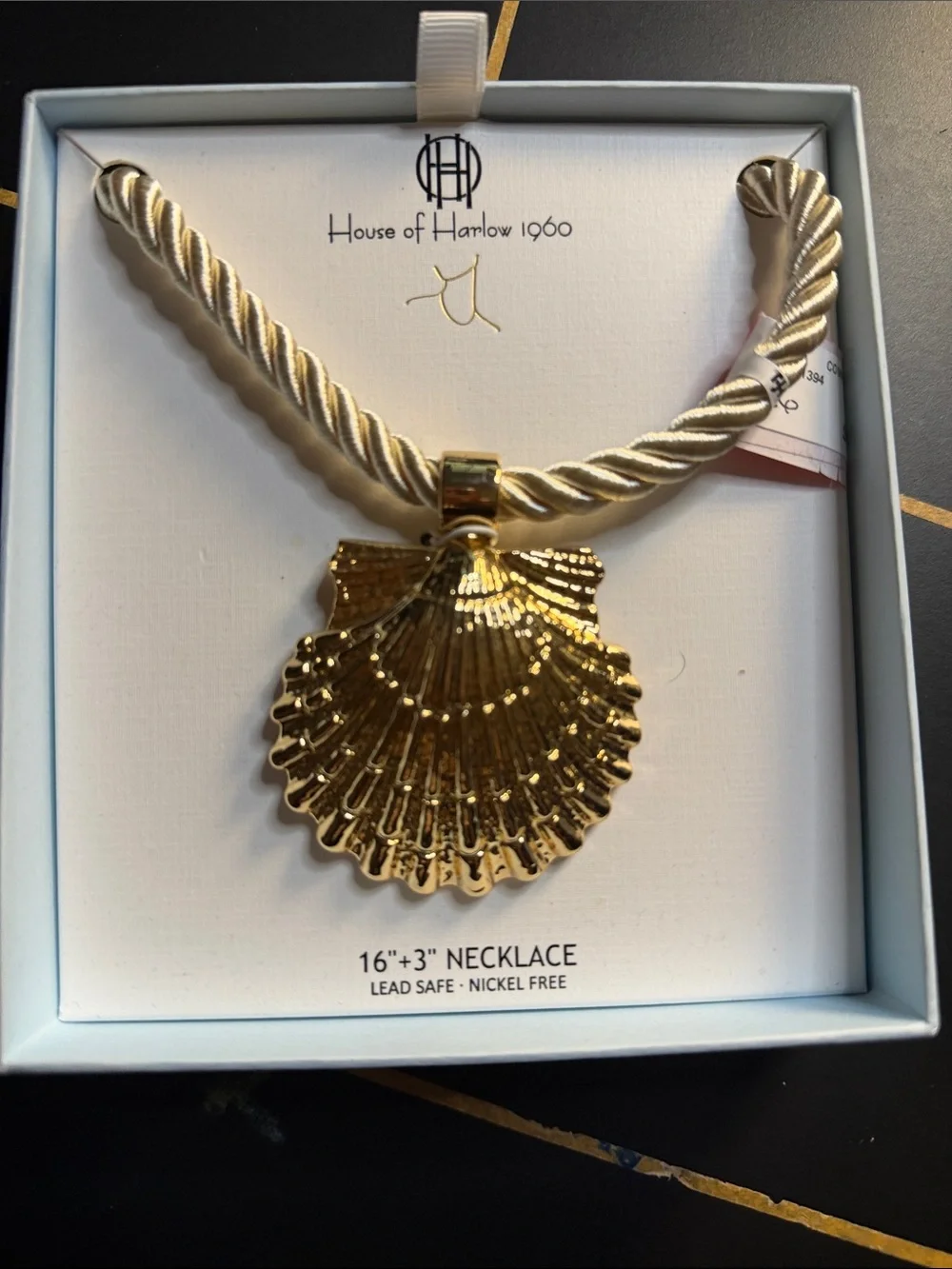 House of Harlow 1960 Gold Shell Pendant on Cream Twisted Cord